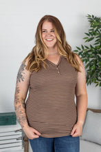 Load image into Gallery viewer, Brown + White Striped Henley Tank