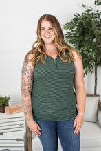 Load image into Gallery viewer, Evergreen + White Striped Henley Tank