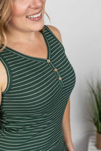 Load image into Gallery viewer, Evergreen + White Striped Henley Tank