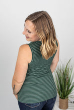 Load image into Gallery viewer, Evergreen + White Striped Henley Tank