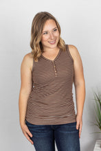 Load image into Gallery viewer, Brown + White Striped Henley Tank