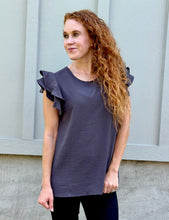 Load image into Gallery viewer, Grey Scoop Neck Ruffled Sleeve Top