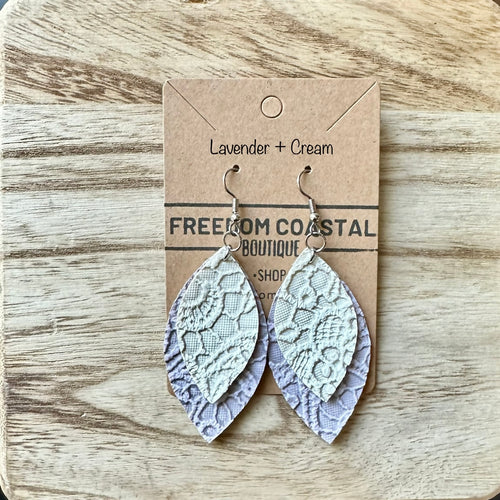Lavender + Cream Double Layer Lace Leaf Earrings