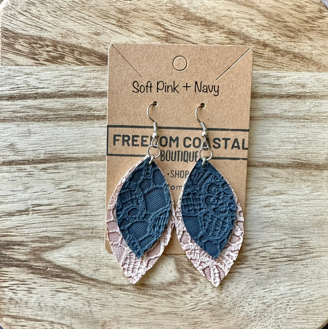 Soft Pink + Navy Double Layer Lace Leaf Earrings