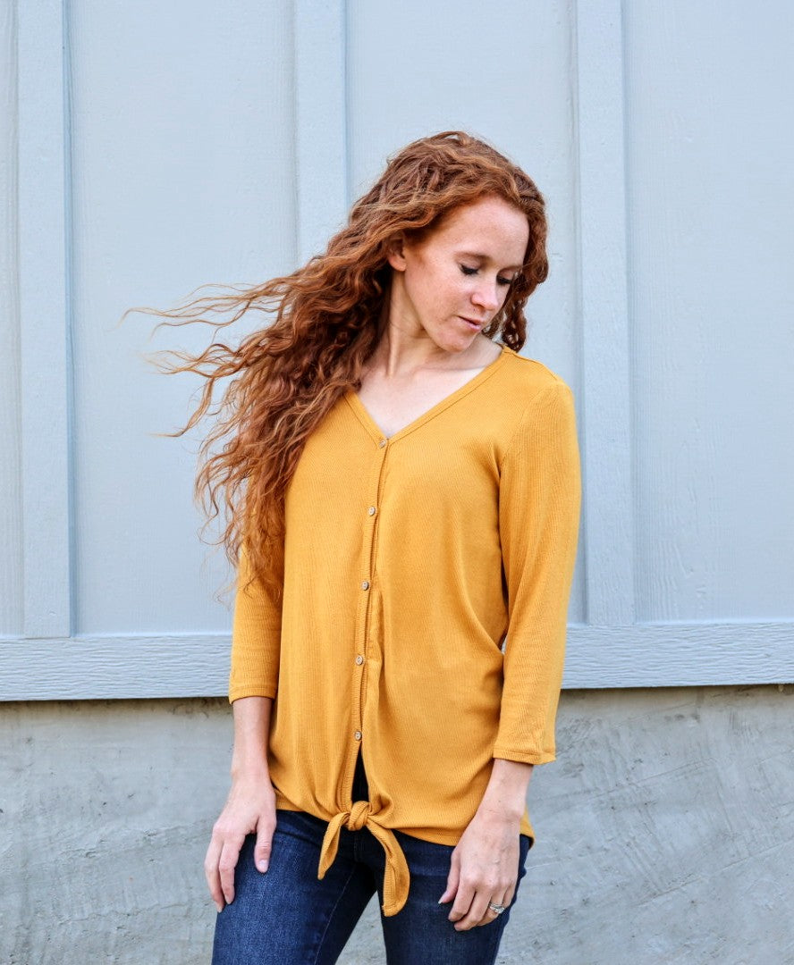Mustard Ribbed Knit Button Tunic