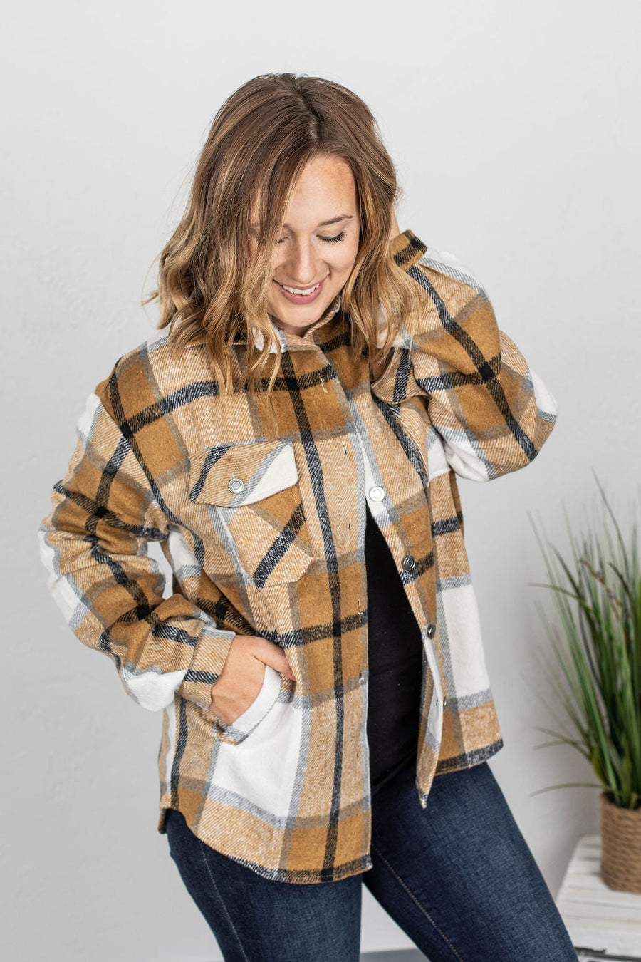 Camel Plaid Shacket With Pockets