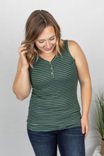 Load image into Gallery viewer, Evergreen + White Striped Henley Tank