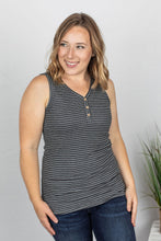 Load image into Gallery viewer, Charcoal + White Striped Henley Tank