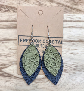 Navy + Olive Double Layer Lace Leaf Earrings