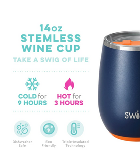 Matte Navy/Orange Stemless Wine Cup