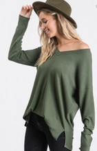 Load image into Gallery viewer, Waffle Knit V-Neck OLIVE Longsleeve