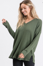 Load image into Gallery viewer, Waffle Knit V-Neck OLIVE Longsleeve