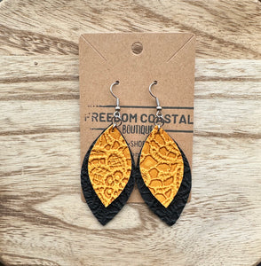 Black + Mustard Double Layer Lace Leaf Earrings