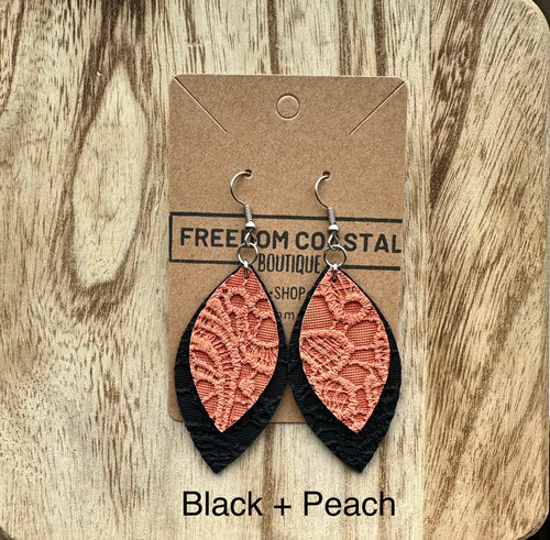 Black + Peach Double Layer Lace Leaf Earrings