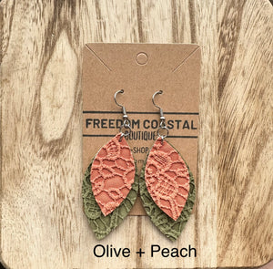 Olive + Peach Double Layer Lace Leaf Earrings