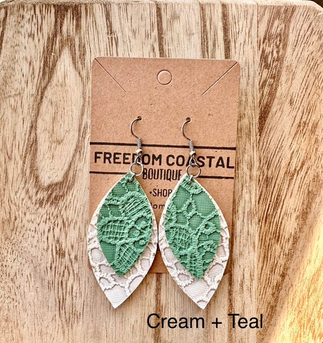 Cream + Teal Double Layer Lace Leaf Earrings