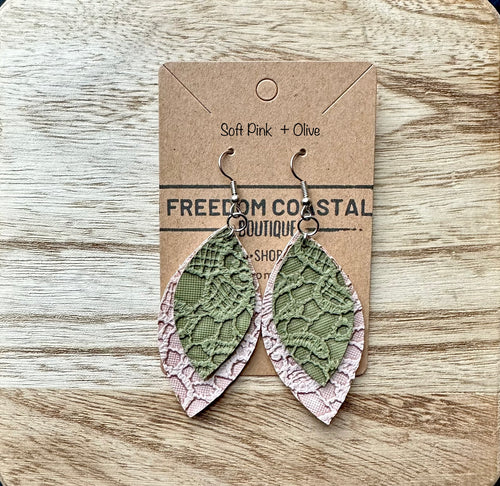 Soft Pink + Olive Double Layer Lace Leaf Earrings