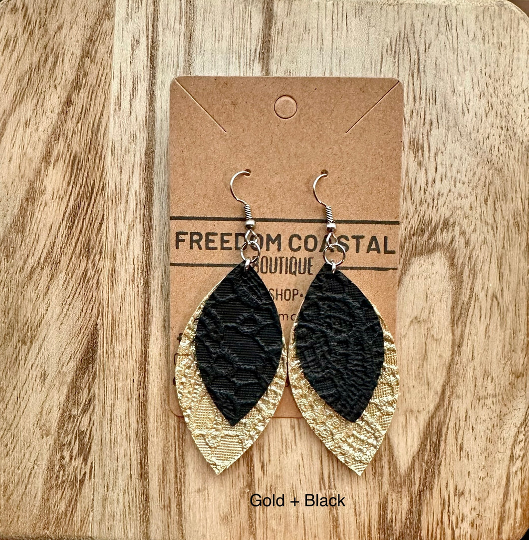 Gold + Black Double Layer Lace Leaf Earrings