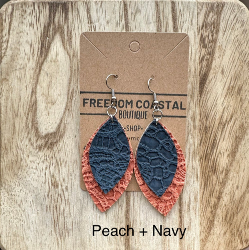 Peach + Navy Double Layer Lace Leaf Earrings