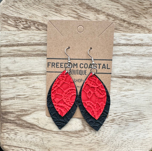 Black + Red Double Layer Lace Leaf Earrings