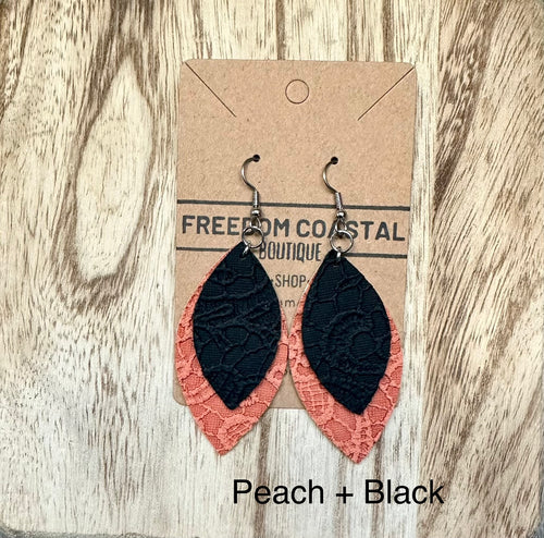 Peach + Black Double Layer Lace Leaf Earrings