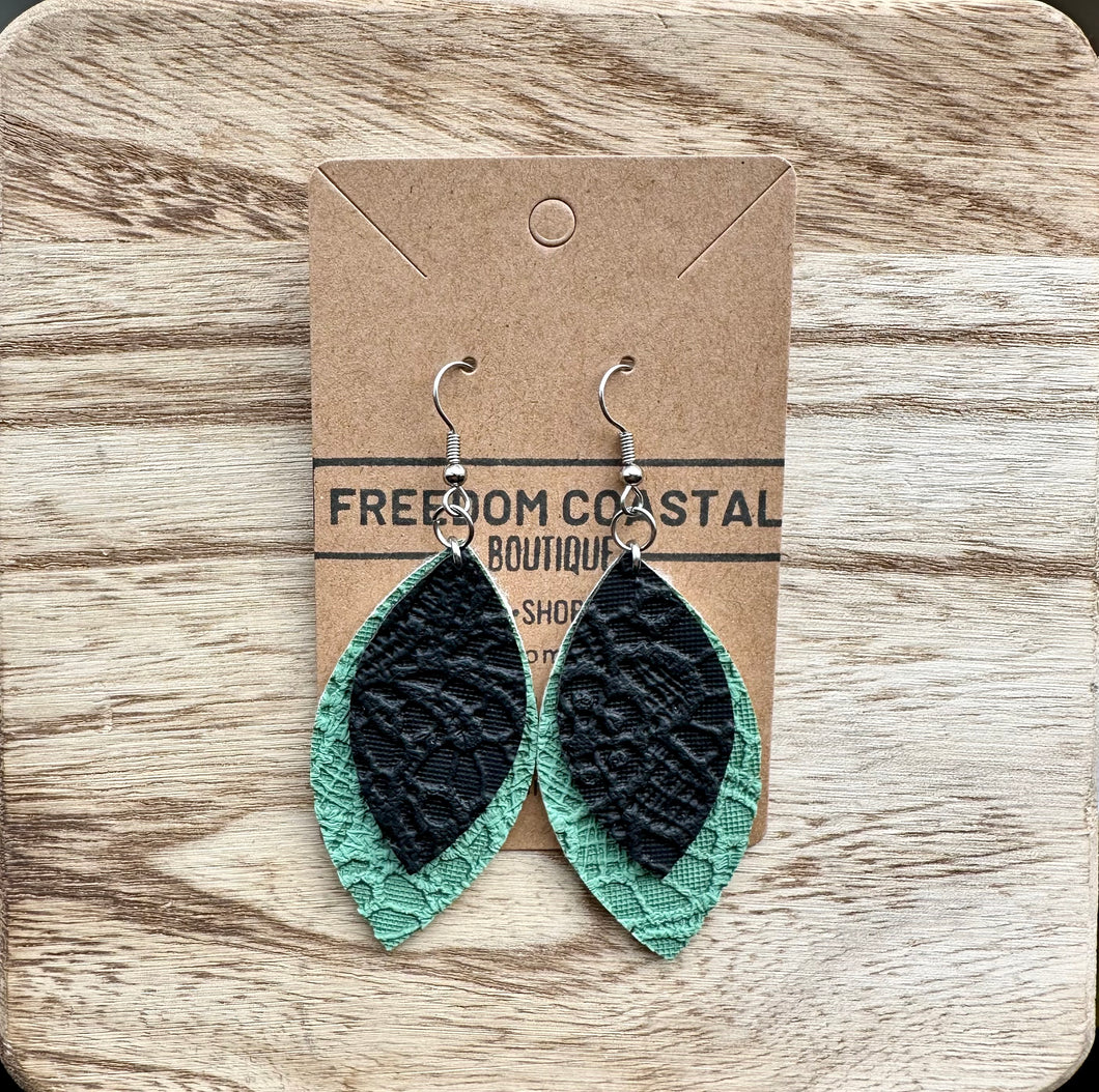 Teal + Black Double Layer Lace Leaf Earrings