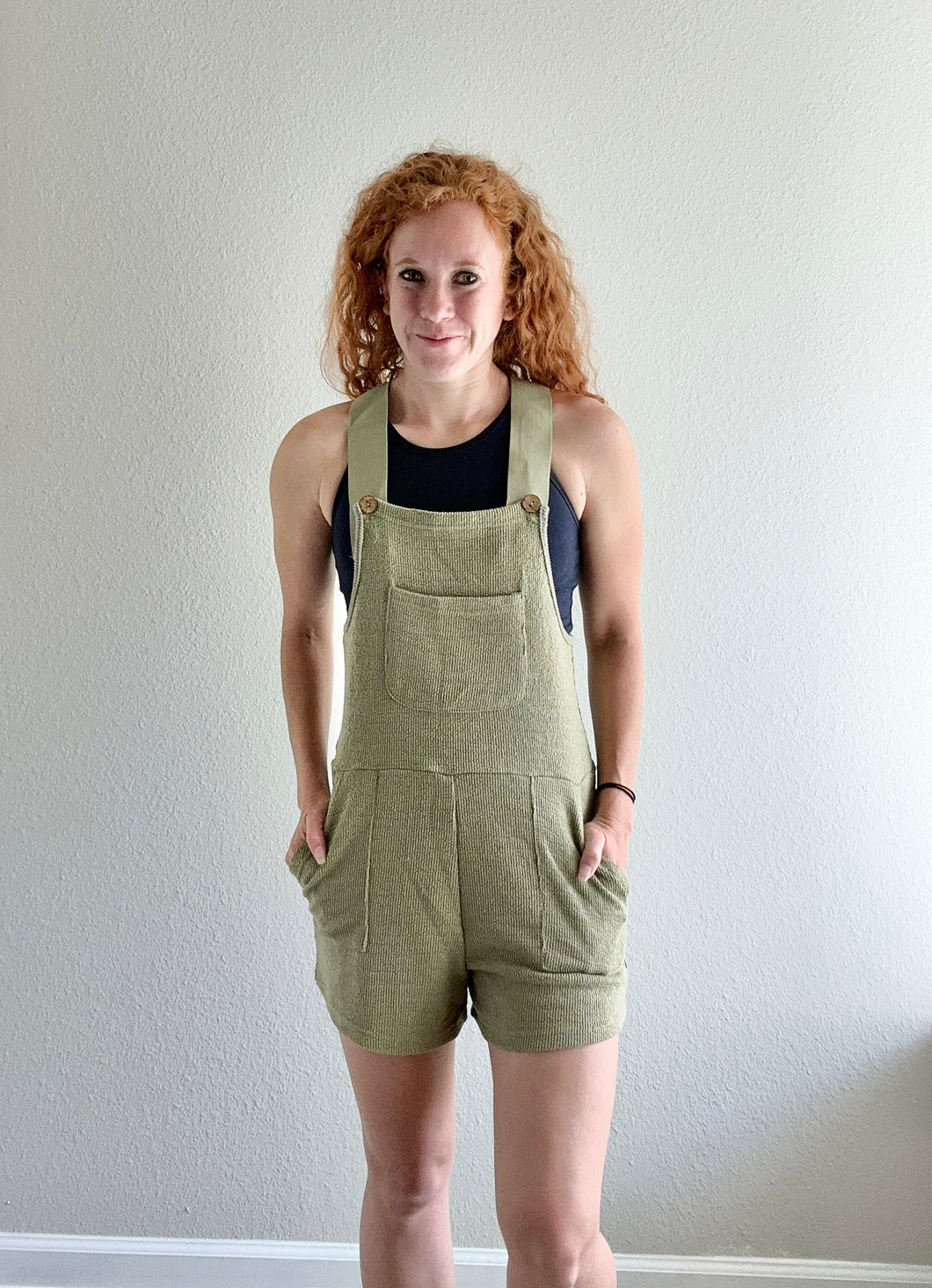 Light Olive Knit Fabric Overall Shorts