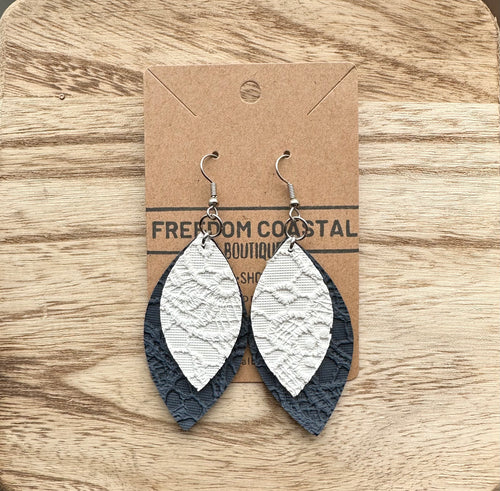 Navy + White Double Layer Lace Leaf Earrings