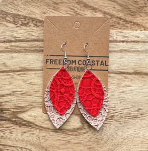 Soft Pink + Red Double Layer Lace Leaf Earrings