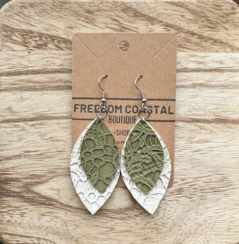 Cream + Olive Double Layer Lace Leaf Earrings