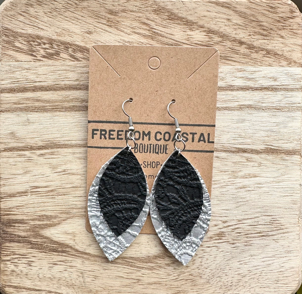 Silver + Black Double Layer Lace Leaf Earrings