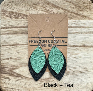 Black + Teal Double Layer Lace Leaf Earrings
