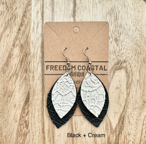 Black + Cream Double Layer Lace Leaf Earrings