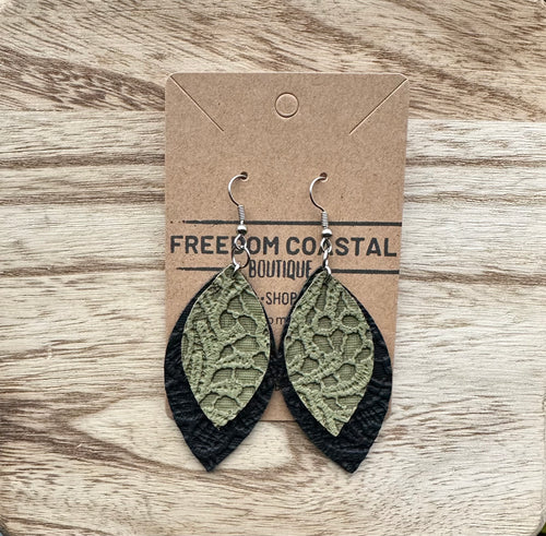 Black + Olive Double Layer Lace Leaf Earrings