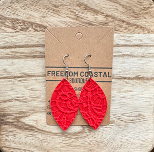 Red Lace Leaf Earrings