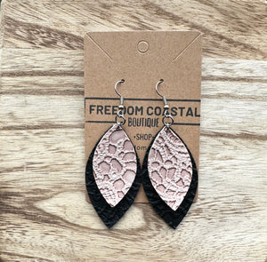 Black + Soft Pink Double Layer Lace Leaf Earrings