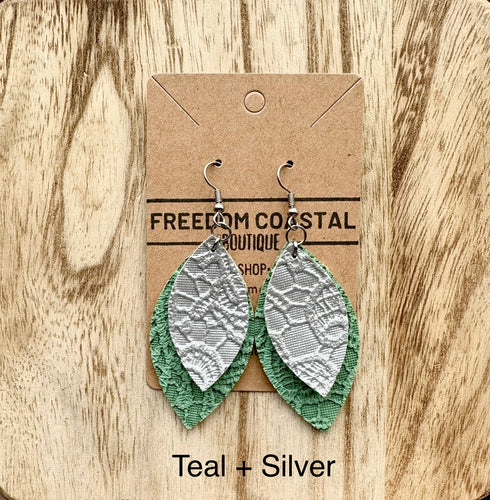 Teal + Silver Double Layer Lace Leaf Earrings