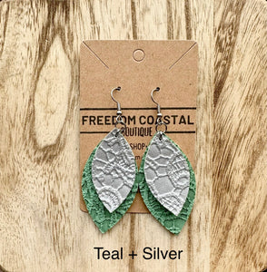 Teal + Silver Double Layer Lace Leaf Earrings