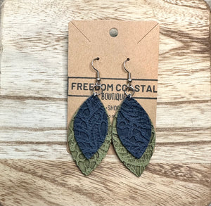 Olive + Navy Double Layer Lace Leaf Earrings
