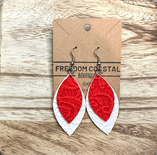 White + Red Double Layer Lace Leaf Earrings